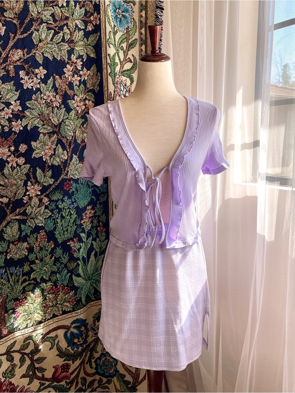 Purple x White Knit Lettuce Hem Ruffle Tie Front Top + Plaid Check Skirt Set
